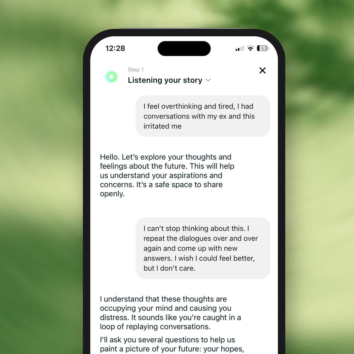 Dzeny AI therapist chat on a phone